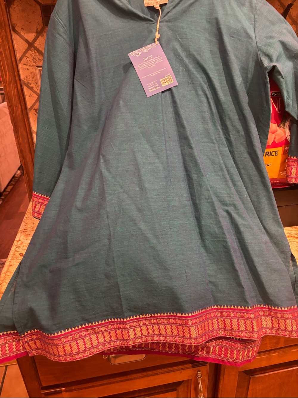 Cost Plus World Market Teal Tunic Dress with Pink Trim